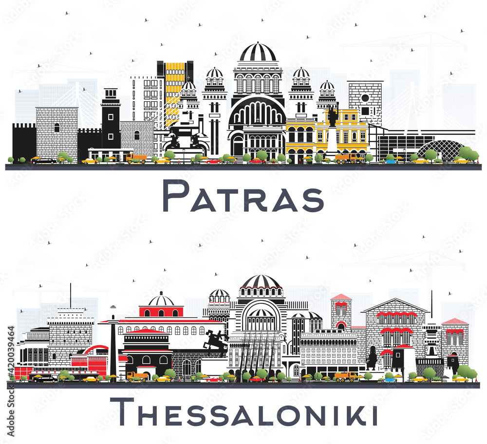 Thessaloniki and Patras Greece City Skyline Set.