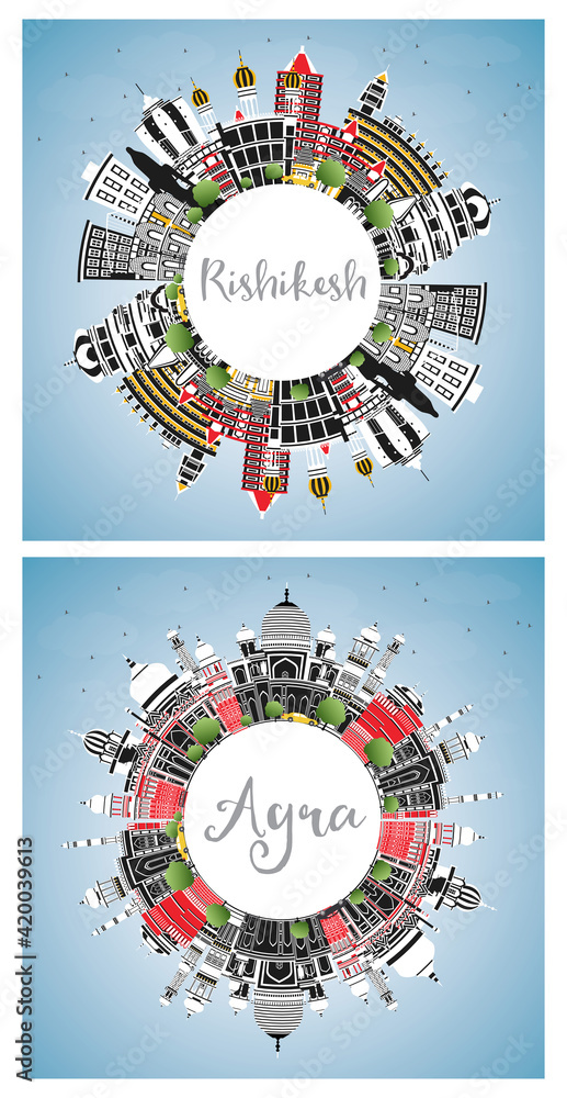 Fototapeta premium Agra and Rishikesh India City Skyline Set.