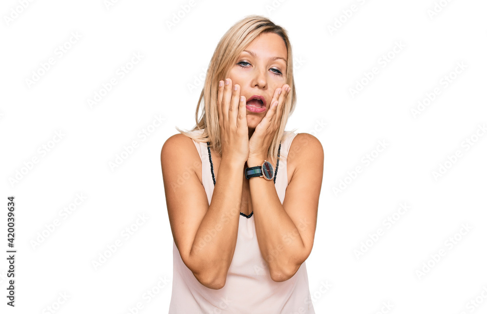 Middle age caucasian woman wearing casual clothes tired hands covering face, depression and sadness, upset and irritated for problem Middle age caucasian woman wearing casual clothes tired hands covering face, depression and sadness, upset and irritated for problem
