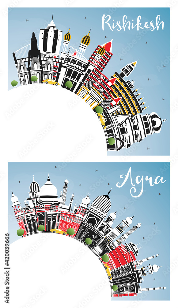 Agra and Rishikesh India City Skyline Set.