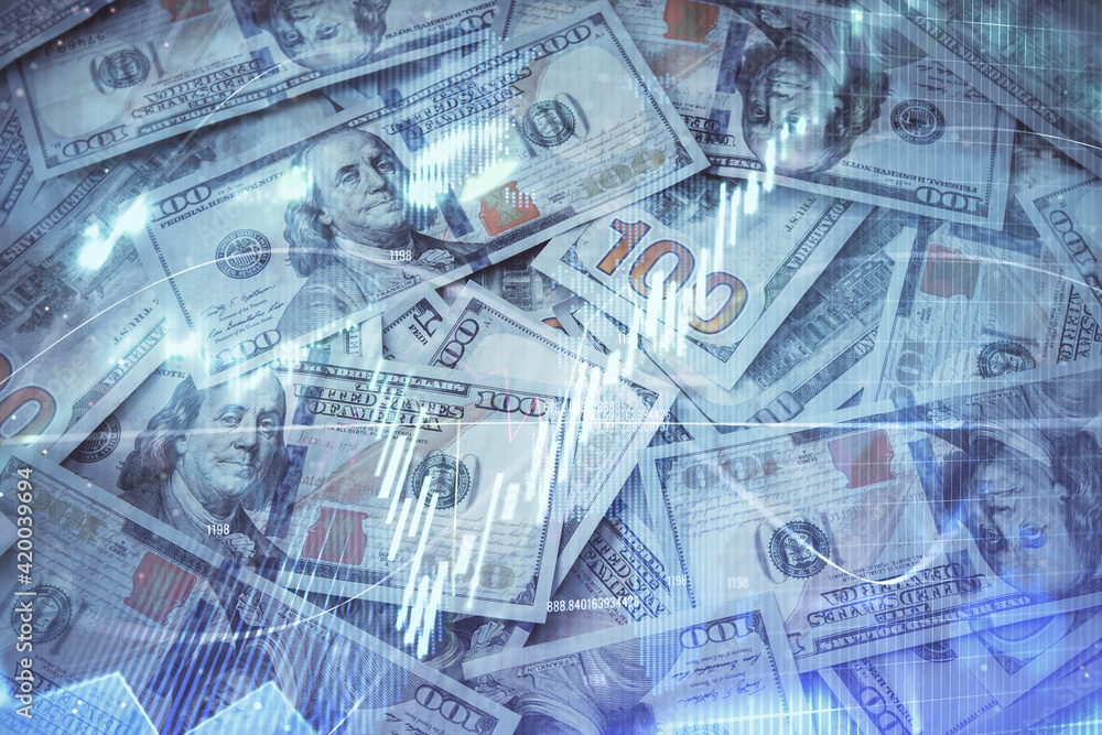 Double exposure of forex graph drawing over us dollars bill background. Concept of financial markets. Double exposure of forex graph drawing over us dollars bill background. Concept of financial markets.