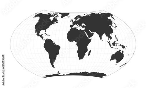 Map of the world using Wagner VII projection. Globe with latitude and longitude net. World map on meridians and parallels background. Vector illustration.