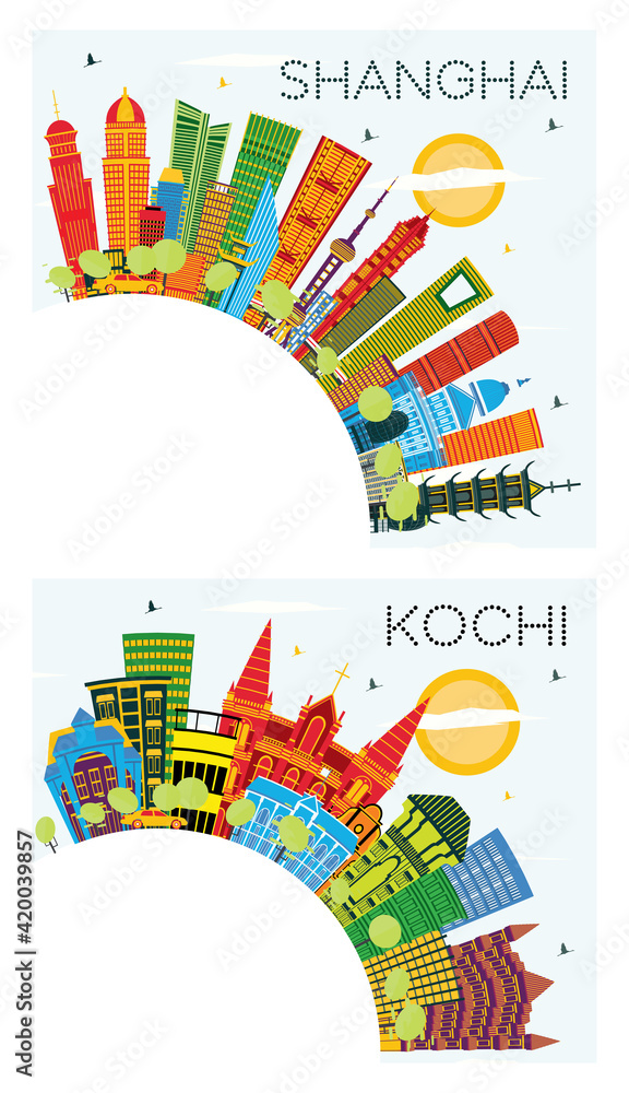 Kochi India and Shanghai China City Skyline Set.