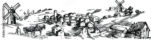 Rural landscape field wheat, Bullock, Tractor, Cow, wind power, house, trees, plant, fences, Tuscany Landscape, old Barn, Hand drawn vintage vector Illustration.