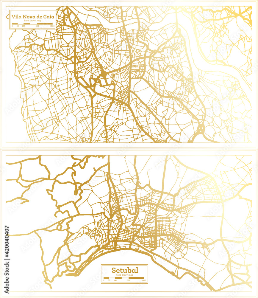 Setubal and Vila Nova de Gaia Portugal City Map Set.