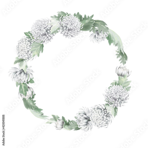 Flowers in wreath. Circle floral frame made of white chrysanthemum and green leaves. Wedding invitation, gift card concept.