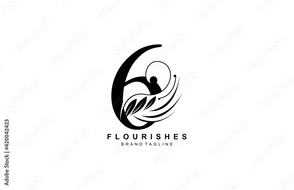Number 6 Linked Beauty Flourish Logo Design Concept
