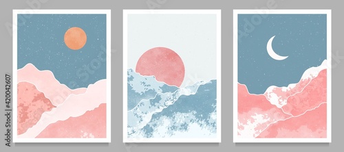 set of Mid century modern minimalist art print. Abstract mountain contemporary aesthetic backgrounds landscapes. vector illustrations