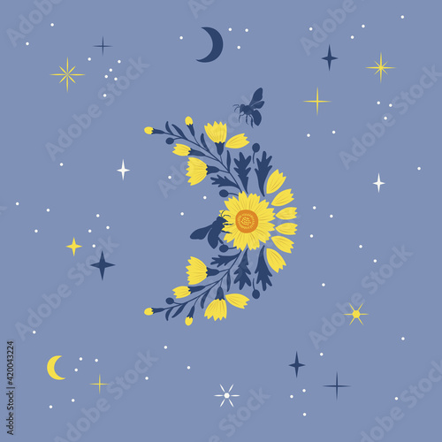 Floral crescent moon vector illustration. Bloomy moon with bees on starry night sky background. Boho aesthetic lunar bloom poster design