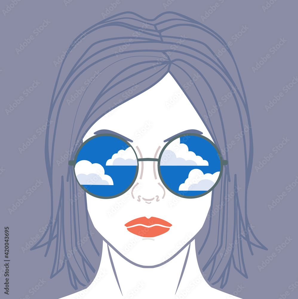 Woman wearing glasses with sky reflecting in them Woman wearing glasses with sky reflecting in them