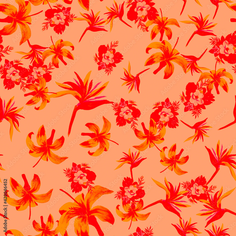 Ruby Pattern Palm. Scarlet Seamless Palm. Red Tropical Art. Pink Flower Design. Coral Wallpaper Textile. Decoration Foliage. Watercolor Background. Ruby Pattern Palm. Scarlet Seamless Palm. Red Tropical Art. Pink Flower Design. Coral Wallpaper Textile. Decoration Foliage. Watercolor Background.