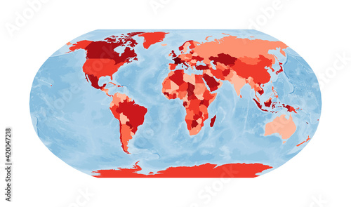 World Map. Robinson projection. World in red colors with blue ocean. Vector illustration.