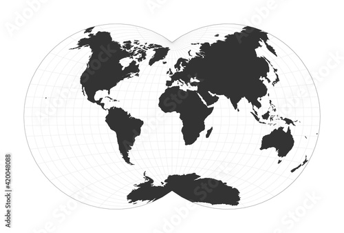Map of the World. Van der Grinten IV projection. Globe with latitude and longitude net. World map on meridians and parallels background. Vector illustration.