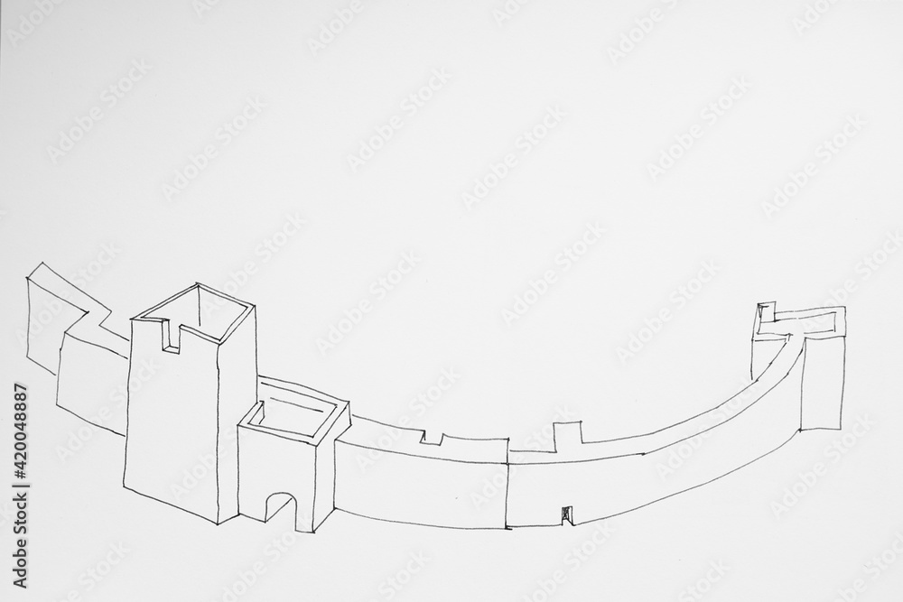 Φωτογραφία Sketch of the part of a huge stronghold or fortress done by ink on paper