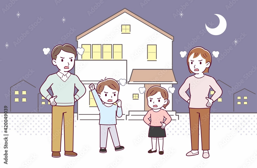 家族4人で夜の庭