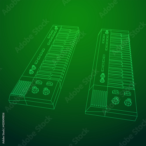 Piano roll analog synthesizer faders buttons knobs. Wireframe low poly