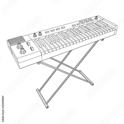 Piano roll analog synthesizer faders buttons knobs. Wireframe low poly