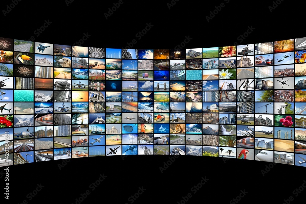 Wall of screens - streaming media, cable, Internet concept - 3D illustration Wall of screens - streaming media, cable, Internet concept - 3D illustration