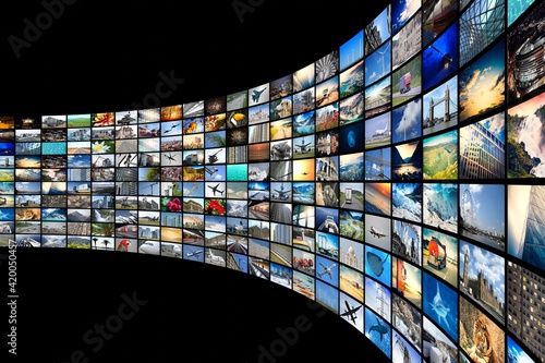 Wall of screens - streaming media, cable, Internet concept - 3D illustration photo