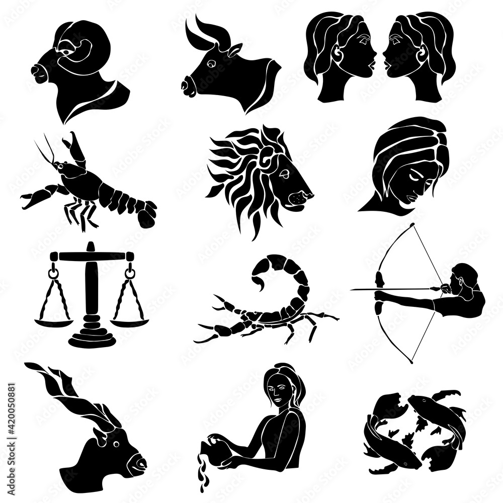 Zodiac signs, set of twelve silhouettes with astrological symbols Stock ...