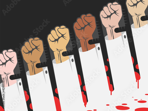Police brutality concept , protest with raised hands in opposite to police batons covered in blood, protest for the rights or against tyranny a negative space vector illustration