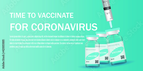 Creative design for Coronavirus vaccine vector background. Covid-19 corona virus vaccination with vaccine bottle and syringe injection tool for covid19 immunization treatment. Vector illustration.
