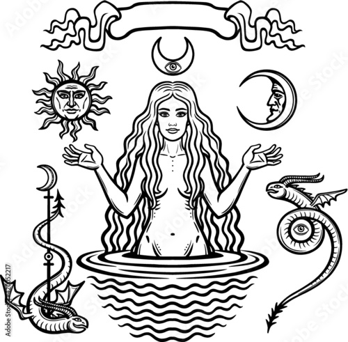 Set of alchemical symbols: young beautiful woman holds  sun and  moon in hand. Eve's image, fertility, temptation. Esoteric, mystic, occultism. Vector illustration isolated on a white background.