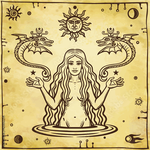 Alchemical drawing: young beautiful woman holds winged snakes in hand. Esoteric, mystic, occultism. Symbols of the sun and moon. Background - imitation of old paper. Vector illustration.