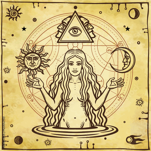  Alchemical drawing: young beautiful woman, Eve's image, fertility, temptation. Esoteric, mystic, occultism. Symbols of the sun and moon. Background - imitation of old paper. Vector illustration.
