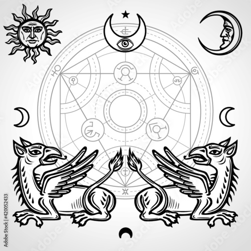 Set of alchemical symbols: two mythical griffins, alchemical circle, emblems of the sun and moon, providence eye. Vector linear drawing isolated on a gray background.