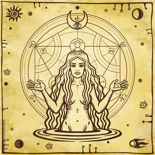  Alchemical drawing: young beautiful woman, Eve's image, fertility, temptation. Esoteric, mystic, occultism. Symbols of the sun and moon. Background - imitation of old paper. Vector illustration.