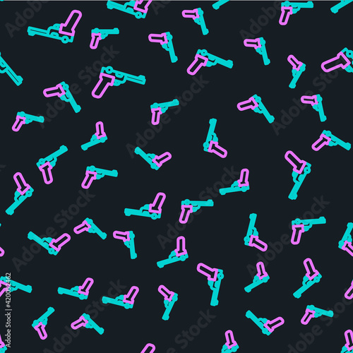 Line Mauser gun icon isolated seamless pattern on black background. Mauser C96 is a semi-automatic pistol. Vector