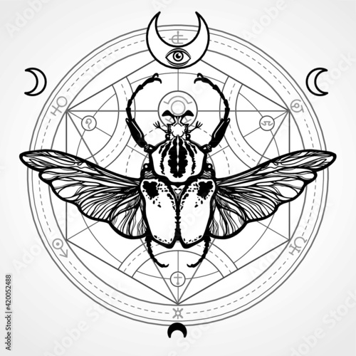 Winged bug. Mystical circle. Esoteric symbol, sacred geometry. Sign of the moon. Monochrome drawing isolated on a white background. Vector illustration. Print, posters, t-shirt, textiles.