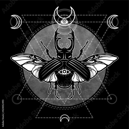 Horned bug. Esoteric symbol, sacred geometry, images of the moon. Monochrome drawing. Vector illustration. Print, posters, t-shirt, textiles.