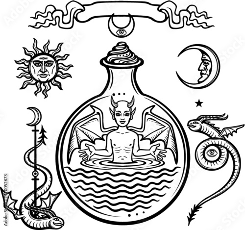 Set of alchemical symbols. Child in a test tube, the homunculus, chemical reaction. Devil. Origin of life. Mystical snakes. Vector illustration isolated on a white background.