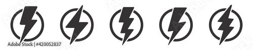 Lightning bolt icon set, Thunderbolt in the circle, flash electric symbol, Vector illustration photo