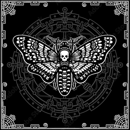 Moth Dead Head. Esoteric symbol. Black background, decorative frame, mystical circle.  Vector illustration. Print, posters, t-shirt, card. 