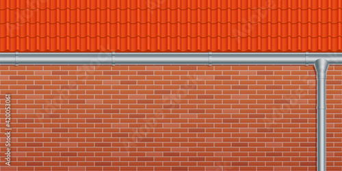 Vector illustration of red roof tile, metal rain gutter and brown brick wall. Realistic corrugated roof texture, drainage system and dark brick wall background. House facade background with copyspace.