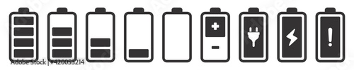 battery icon set, battery charge level indicator icon, Attention battery discharged, battery capacity symbol, vector illustration