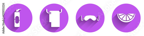 Set Spray can for hairspray, Towel on a hanger, Eye sleep mask and Citrus fruit icon with long shadow. Vector
