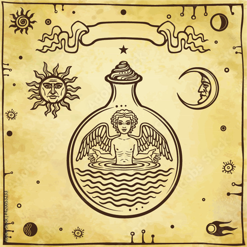 Set of alchemical symbols.  Child in a test tube, the homunculus, chemical reaction. Devil. Origin of life. Background - imitation of old paper. Vector illustration.