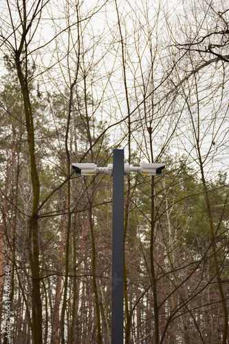 A video surveillance camera is installed on a pole in the park, against the background of trees. Blurred background