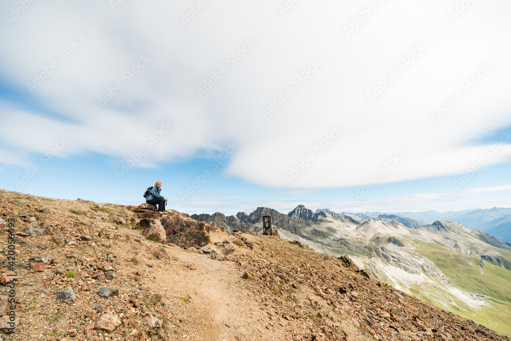 Woman hikers on the Muragl valley in the area St.Moritz. Woman hikers on the Muragl valley in the area St.Moritz.