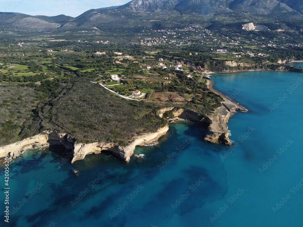 Drone view of Karavados village and Saint Thomas beach in Kefalonia, ionian island in Greece