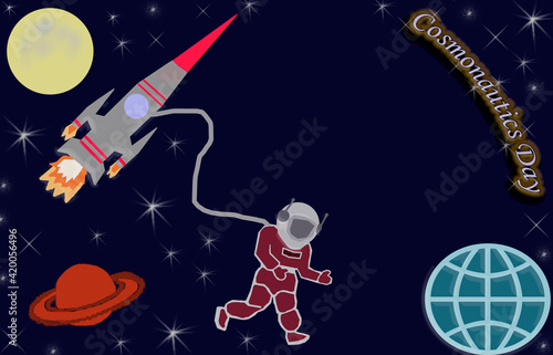 3 D - rendering. There are many stars and planets in the dark cosmic sky. A rocket is flying. The astronaut went into outer space. On the corner there is an inscription: "Cosmonautics Day".