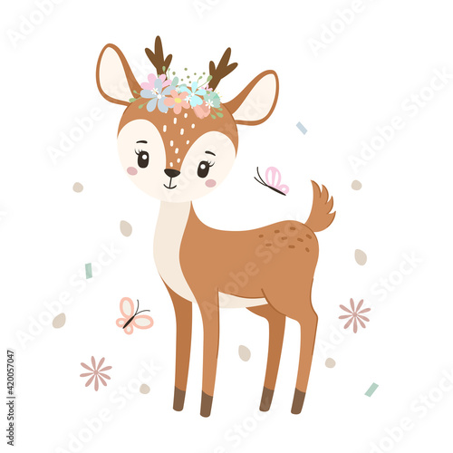 Cute deer with butterfly. Hello spring. Vector illustration. © Arina