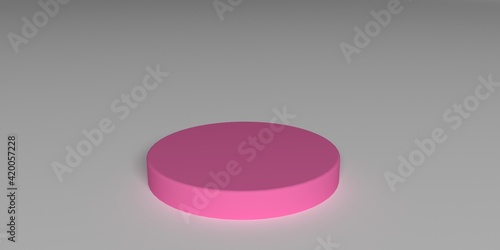 Pink pastel product stand or podium pedestal on empty display with gray backdrops. 3D rendering.