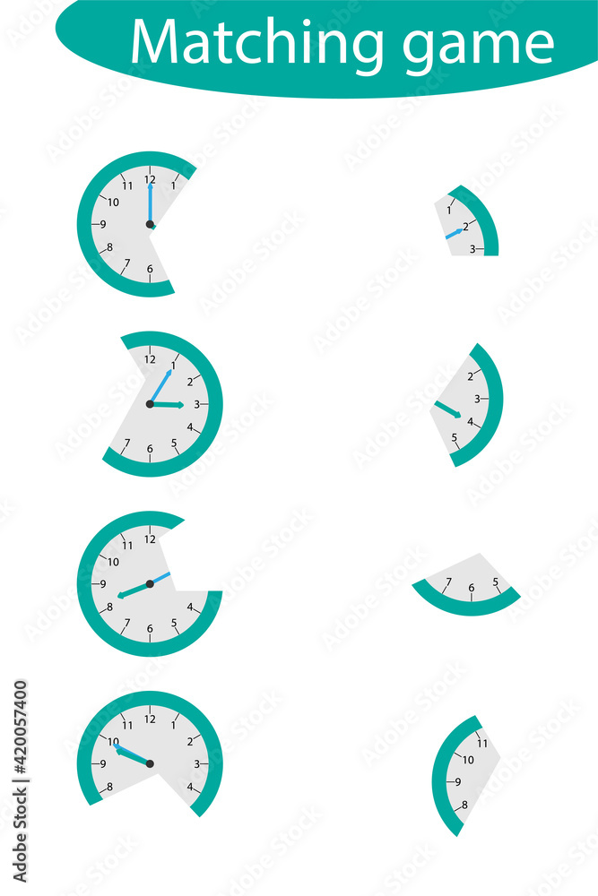 Find the second part of clocks for children, fun education game for kids, educational task for the development of logical thinking, preschool worksheet activity.