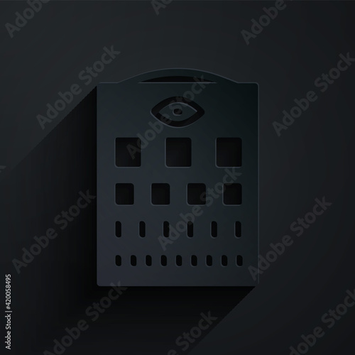 Paper cut Eye test chart icon isolated on black background. Poster for vision testing in ophthalmic study. Snellen chart. Paper art style. Vector