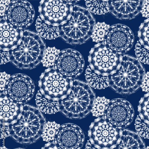 Seamless pattern Shibori in Indigo color. Digital Quilting Arts. Tie-dye. Tied and dyed - is a manual resist dyeing technique, of Japanese artisan design which produces patterns on fabric